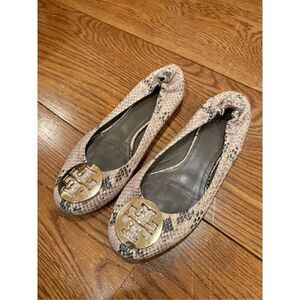 Tory Burch Reva Ballet Flats – Snakeskin Print with Gold Logo Medallion